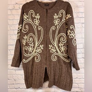 VINTAGE Vrikke Norwegian Brown Cream Rosemaling Zipper Aspen Cardigan Sweater L